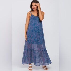 Teal Chiffon Tropical Leaf Maternity Maxi Dress M